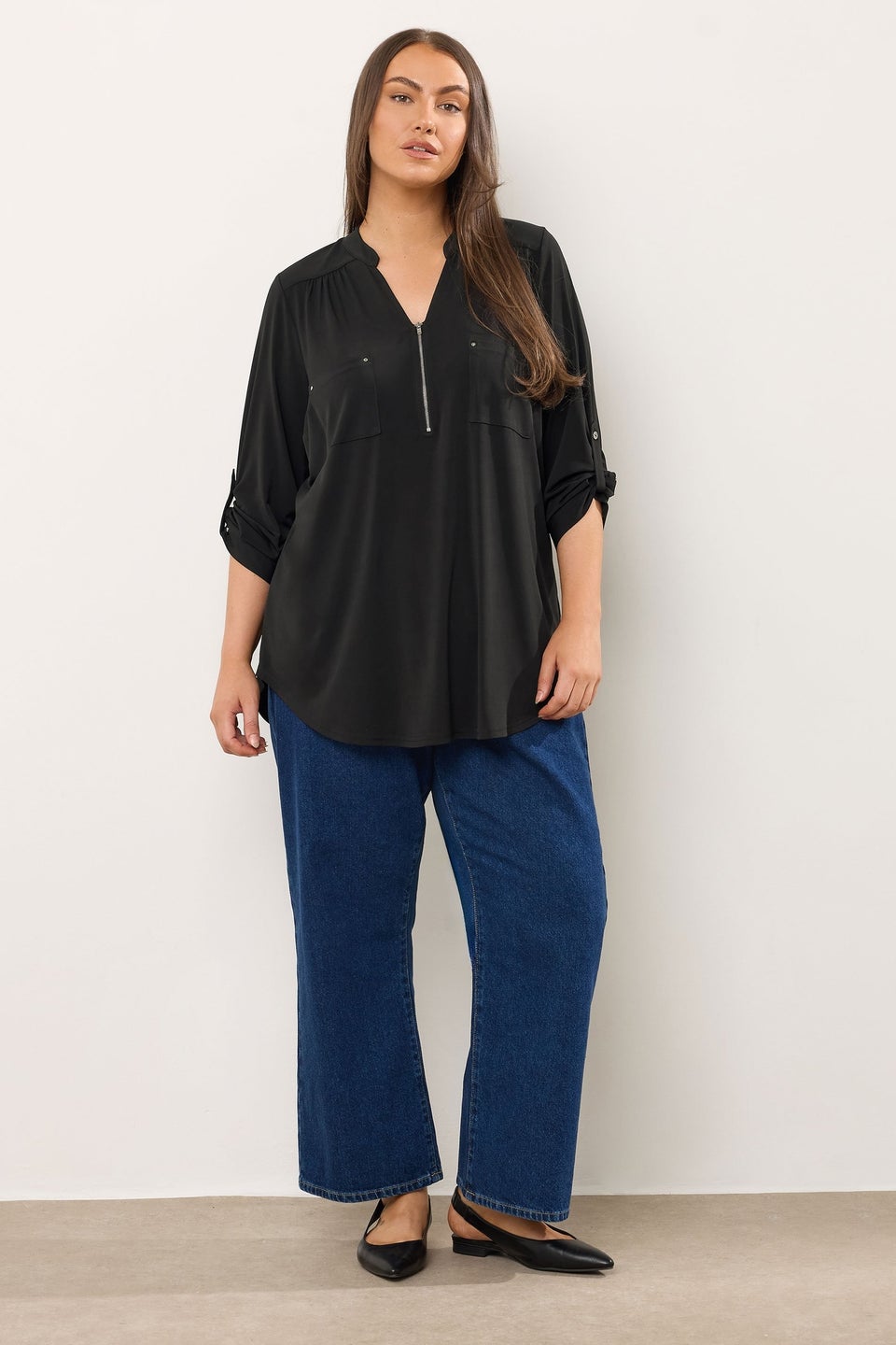 Evans Curve Black Zip Front Jersey Blouse