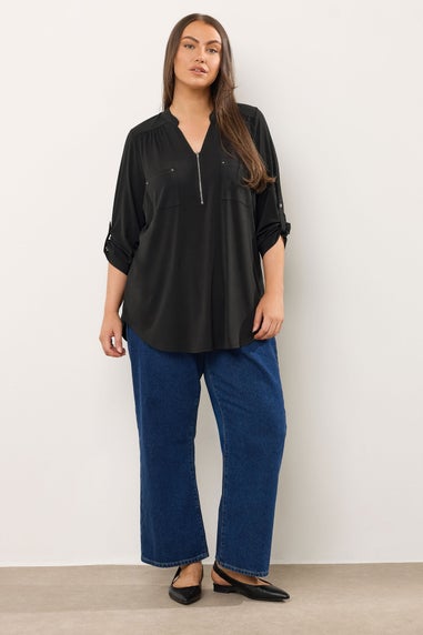 Evans Curve Black Zip Front Jersey Blouse
