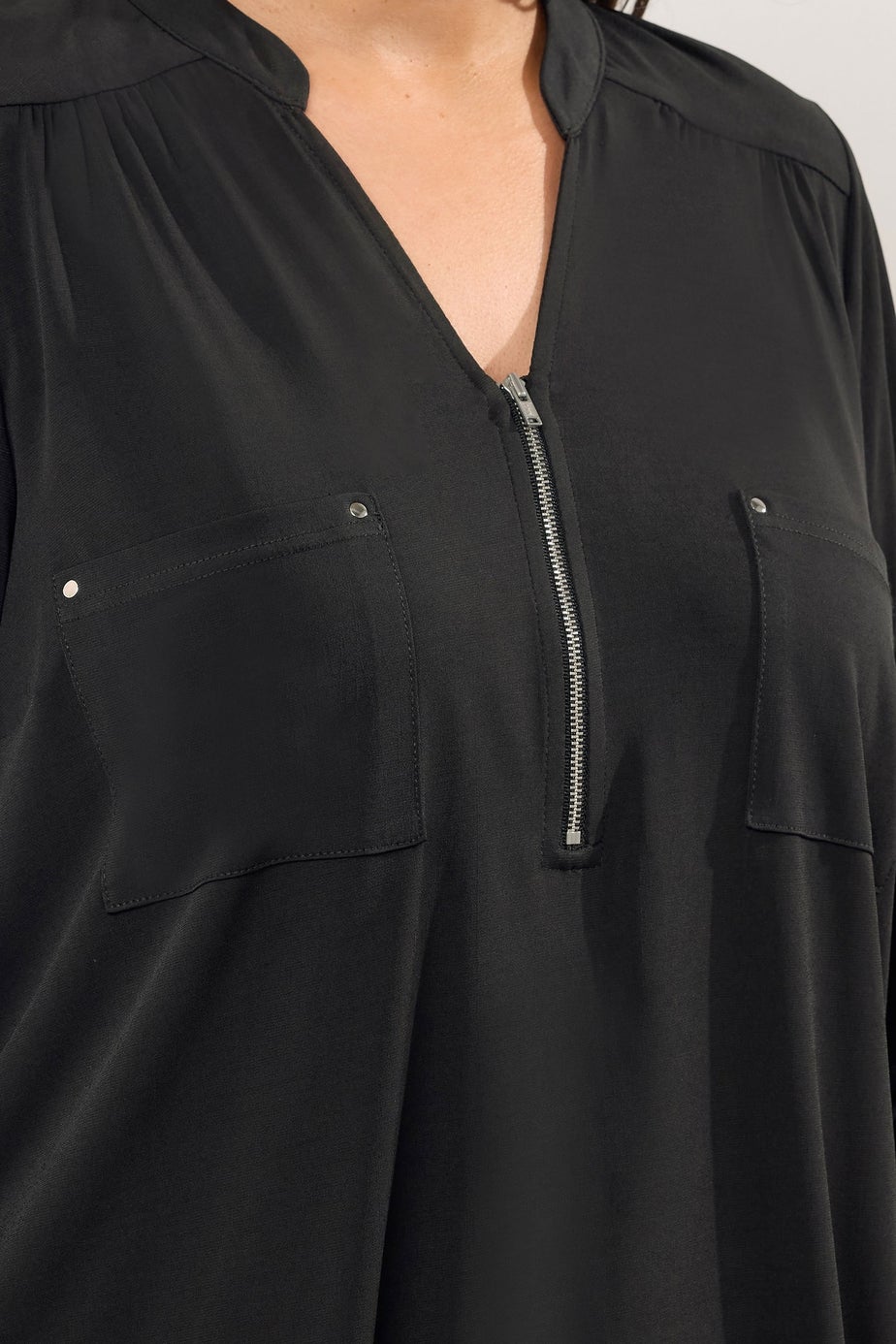 Evans Curve Black Zip Front Jersey Blouse