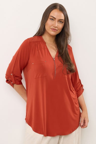 Evans Curve Orange Zip Front Jersey Blouse