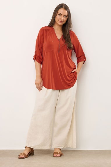 Evans Curve Orange Zip Front Jersey Blouse