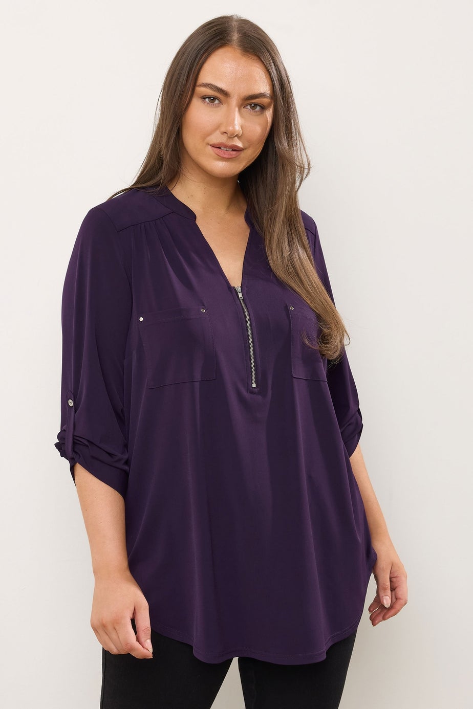 Evans Curve Plum Purple Zip Front Jersey Blouse