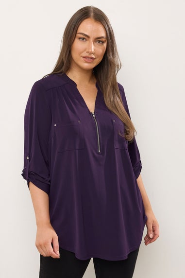 Evans Curve Plum Purple Zip Front Jersey Blouse