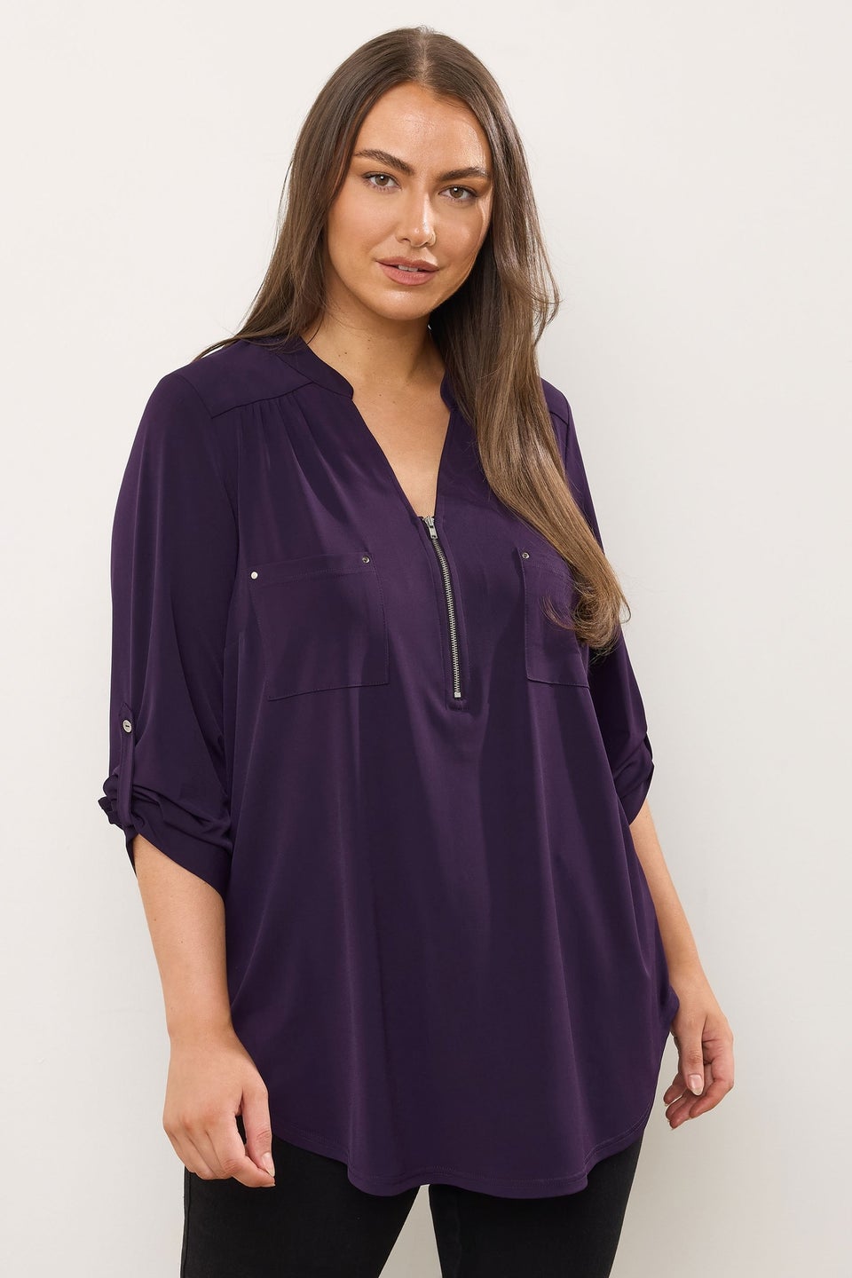 Evans Curve Plum Purple Zip Front Jersey Blouse