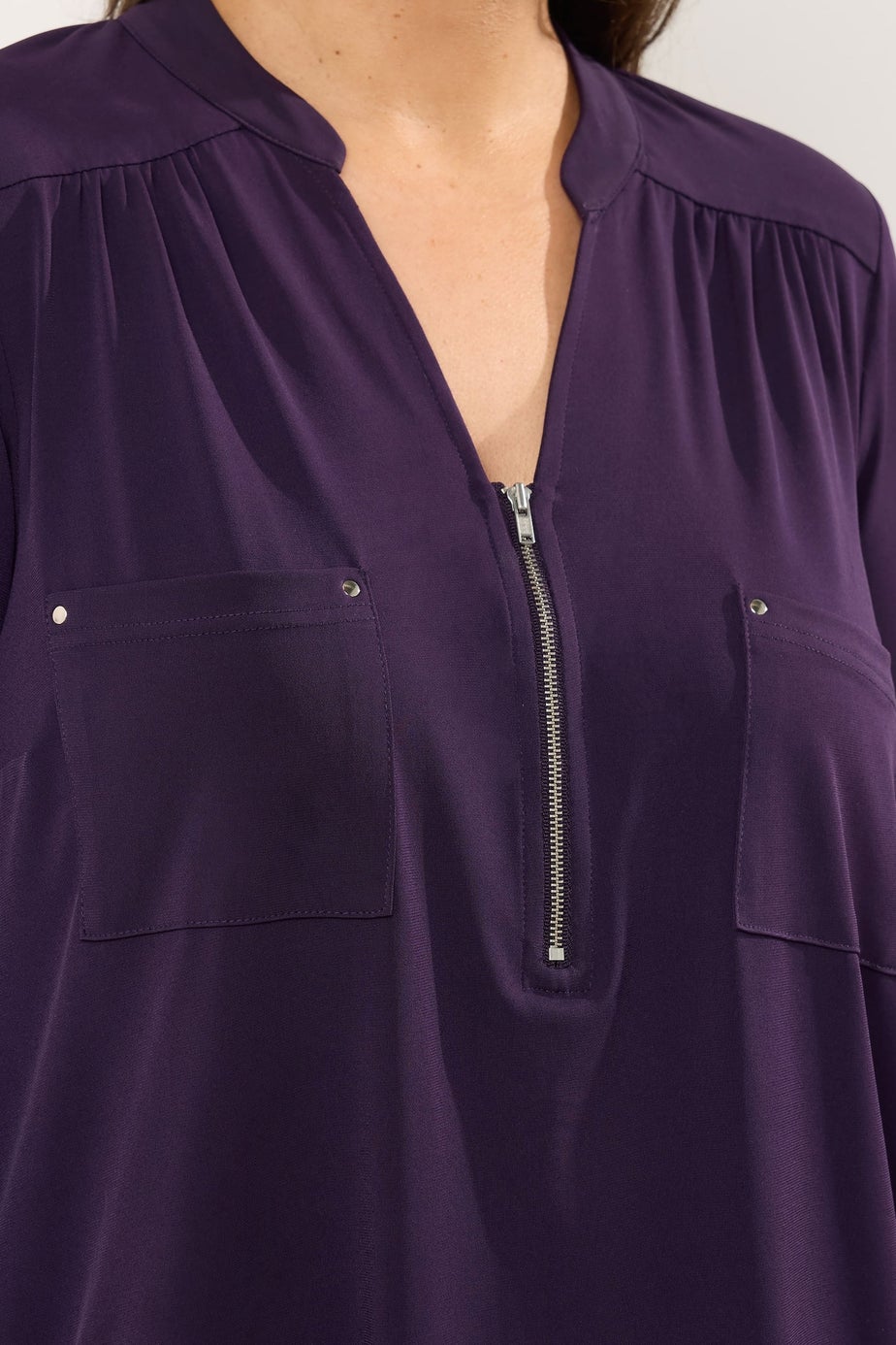 Evans Curve Plum Purple Zip Front Jersey Blouse