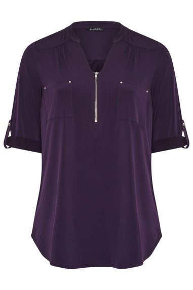 Evans Curve Plum Purple Zip Front Jersey Blouse