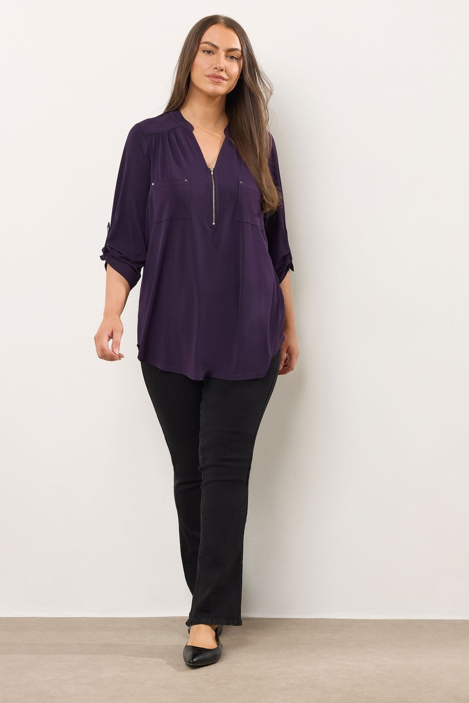 Evans Curve Plum Purple Zip Front Jersey Blouse