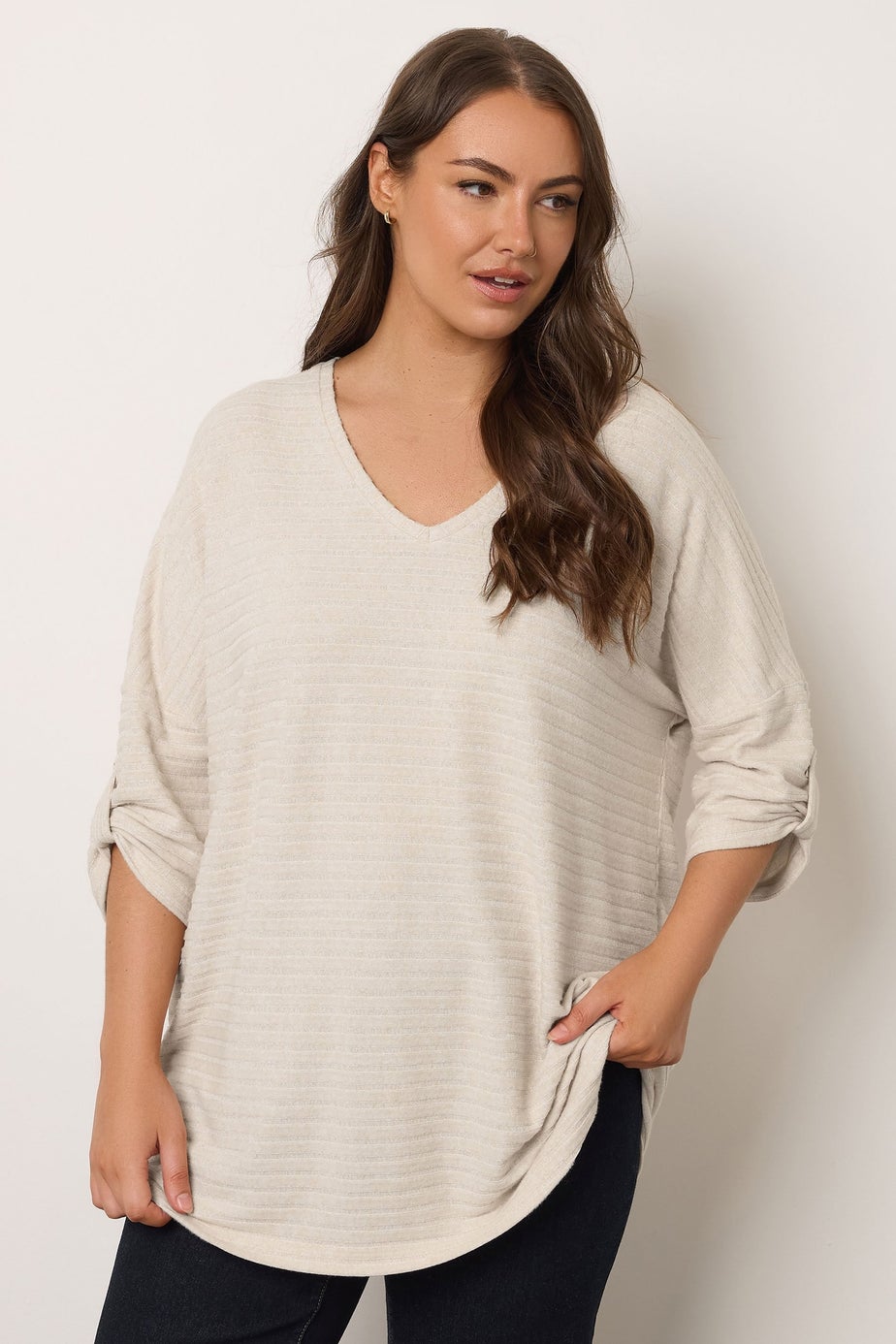 Evans Curve Cream Tab Sleeve Ribbed Jumper