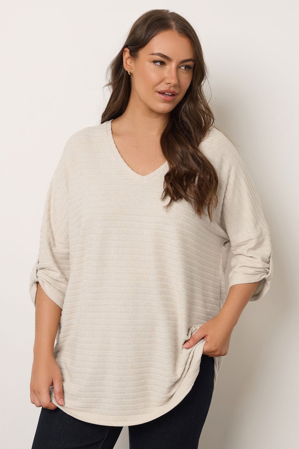 Evans Curve Cream Tab Sleeve Ribbed Jumper