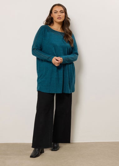 Evans Curve Teal Blue Eyelet Sleeve Jumper