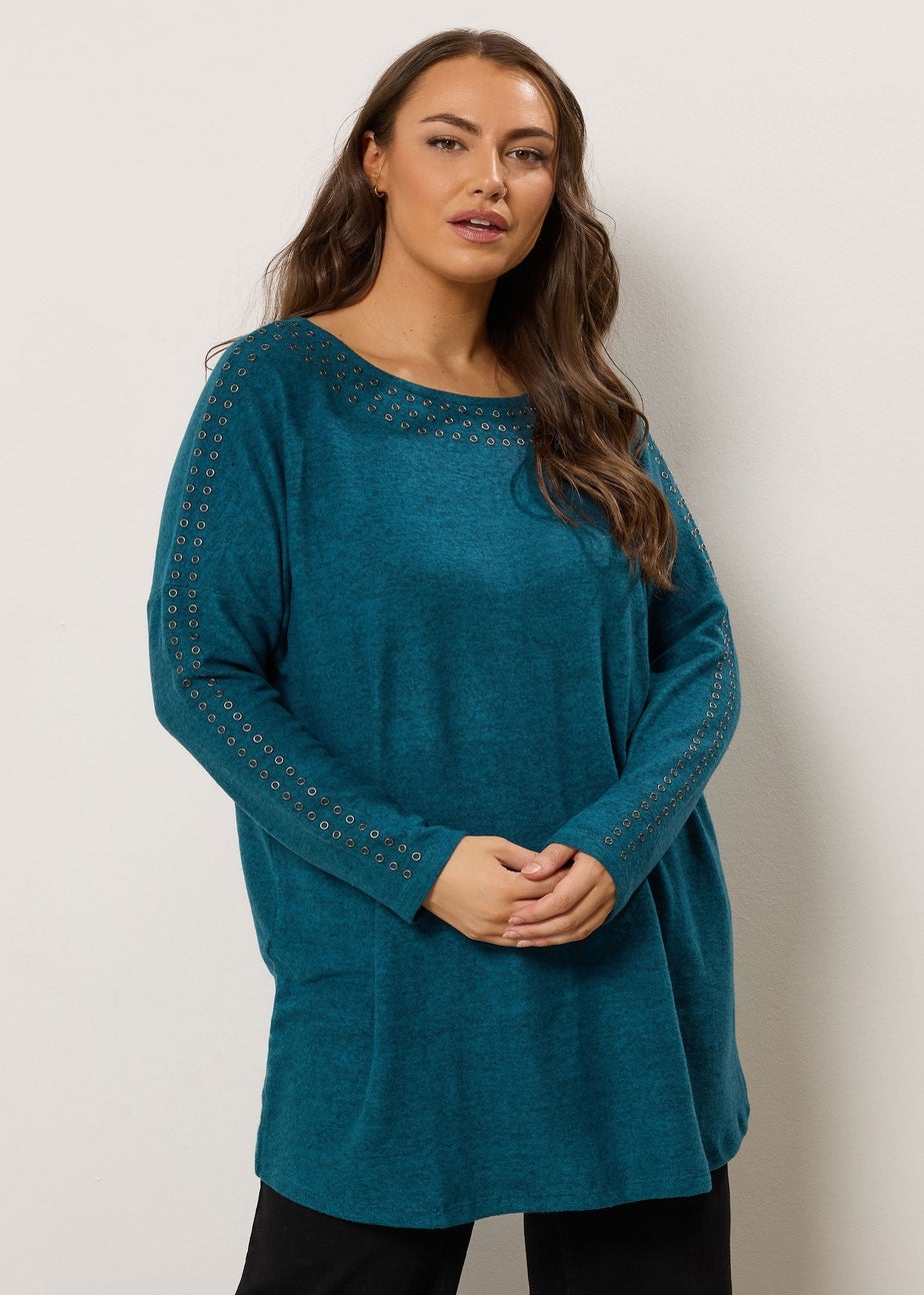 Evans Curve Teal Blue Eyelet Sleeve Jumper
