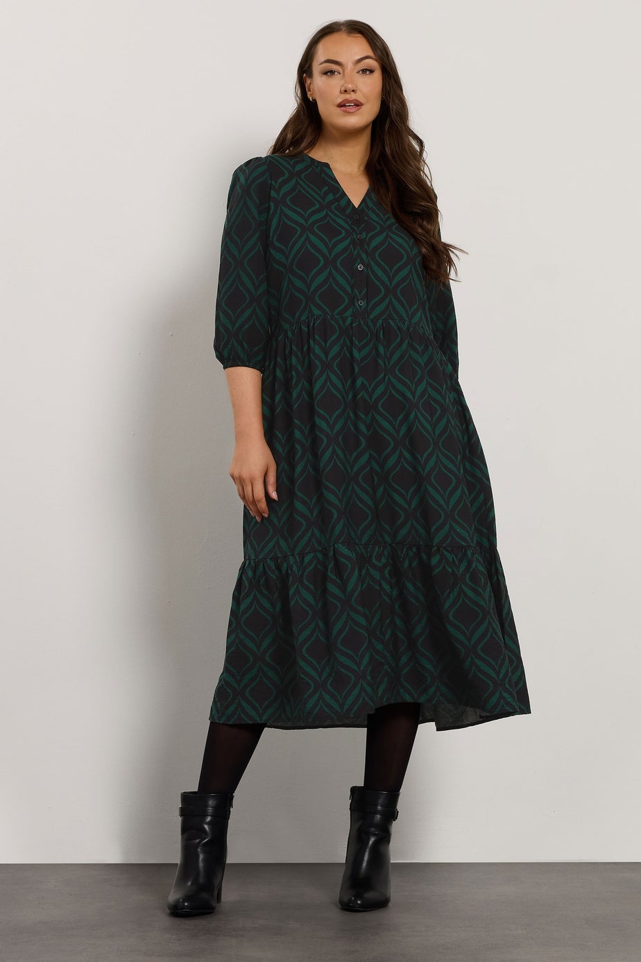 Evans Curve Black Geometric Print Half Placket Dress