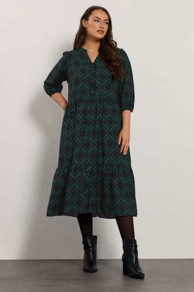 Evans Curve Black Geometric Print Half Placket Dress