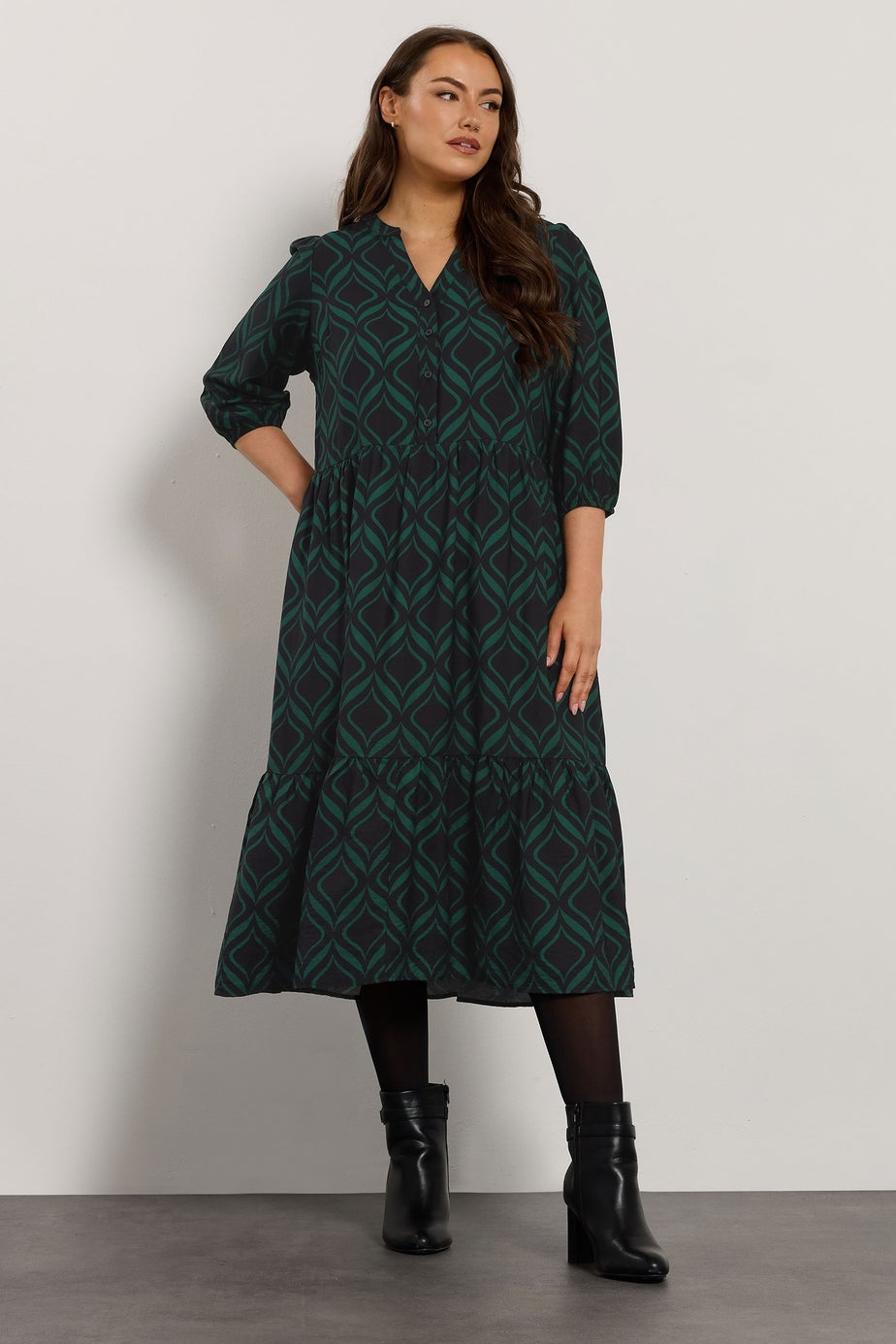 Evans Curve Black Geometric Print Half Placket Dress