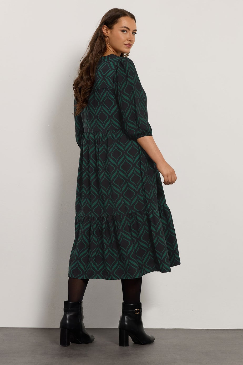 Evans Curve Black Geometric Print Half Placket Dress