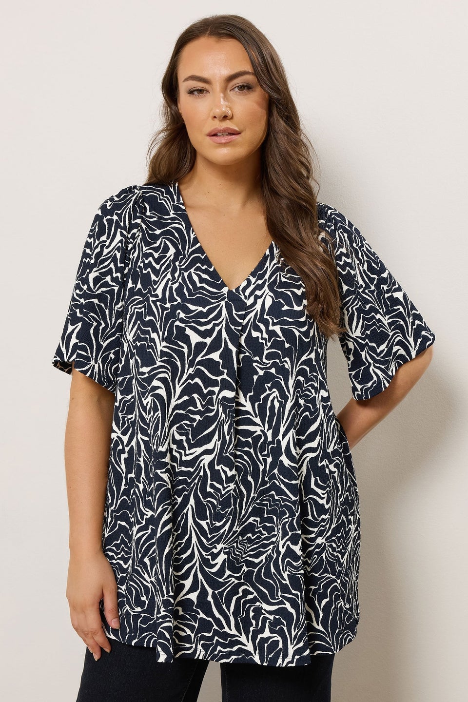 Evans Curve Navy Blue Abstract Floral Pleat Swing Top