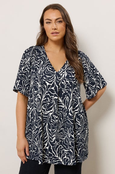 Evans Curve Navy Blue Abstract Floral Pleat Swing Top
