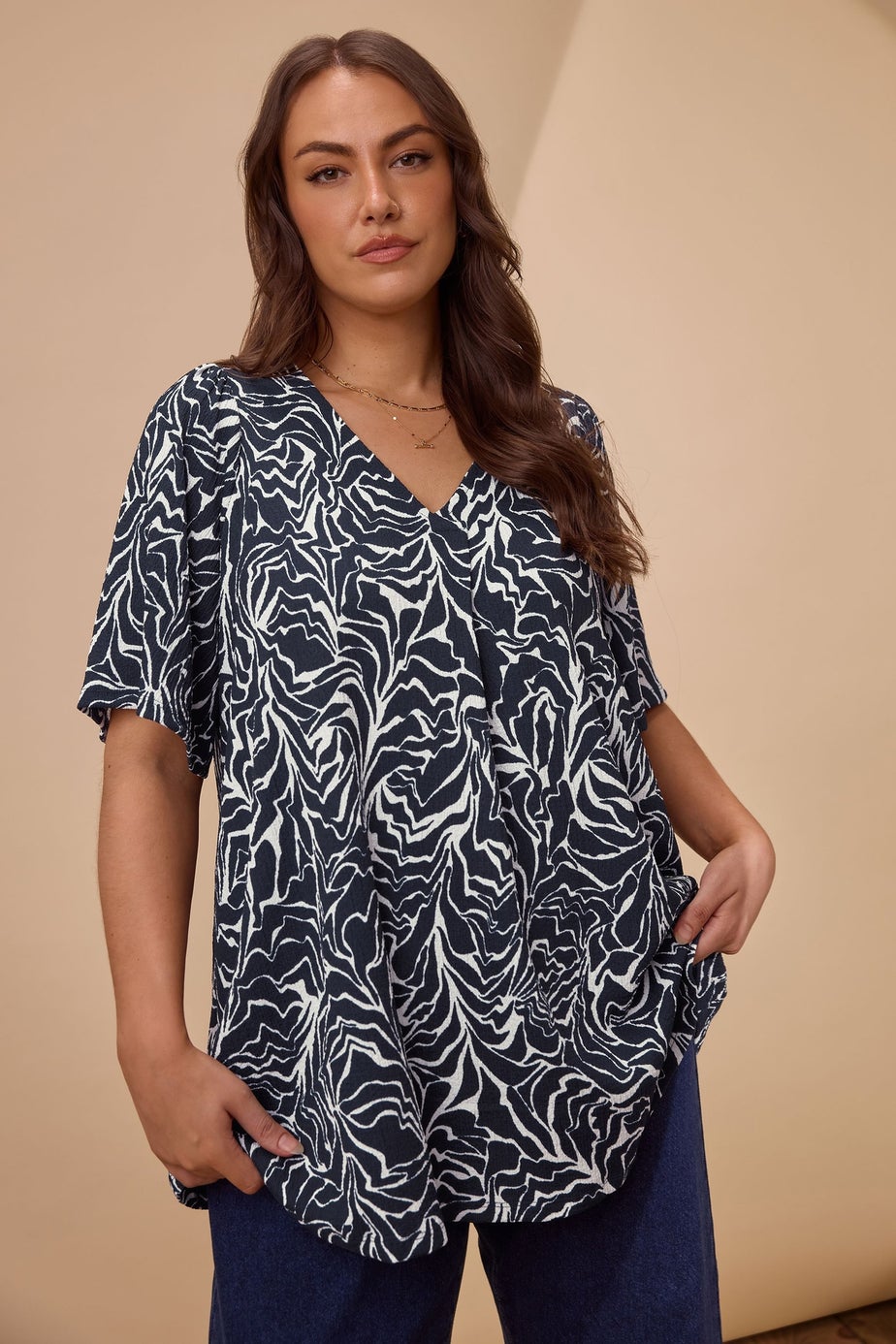 Evans Curve Navy Blue Abstract Floral Pleat Swing Top