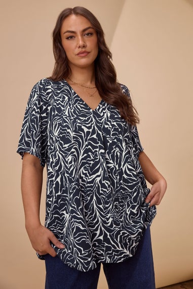 Evans Curve Navy Blue Abstract Floral Pleat Swing Top