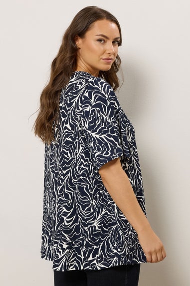 Evans Curve Navy Blue Abstract Floral Pleat Swing Top
