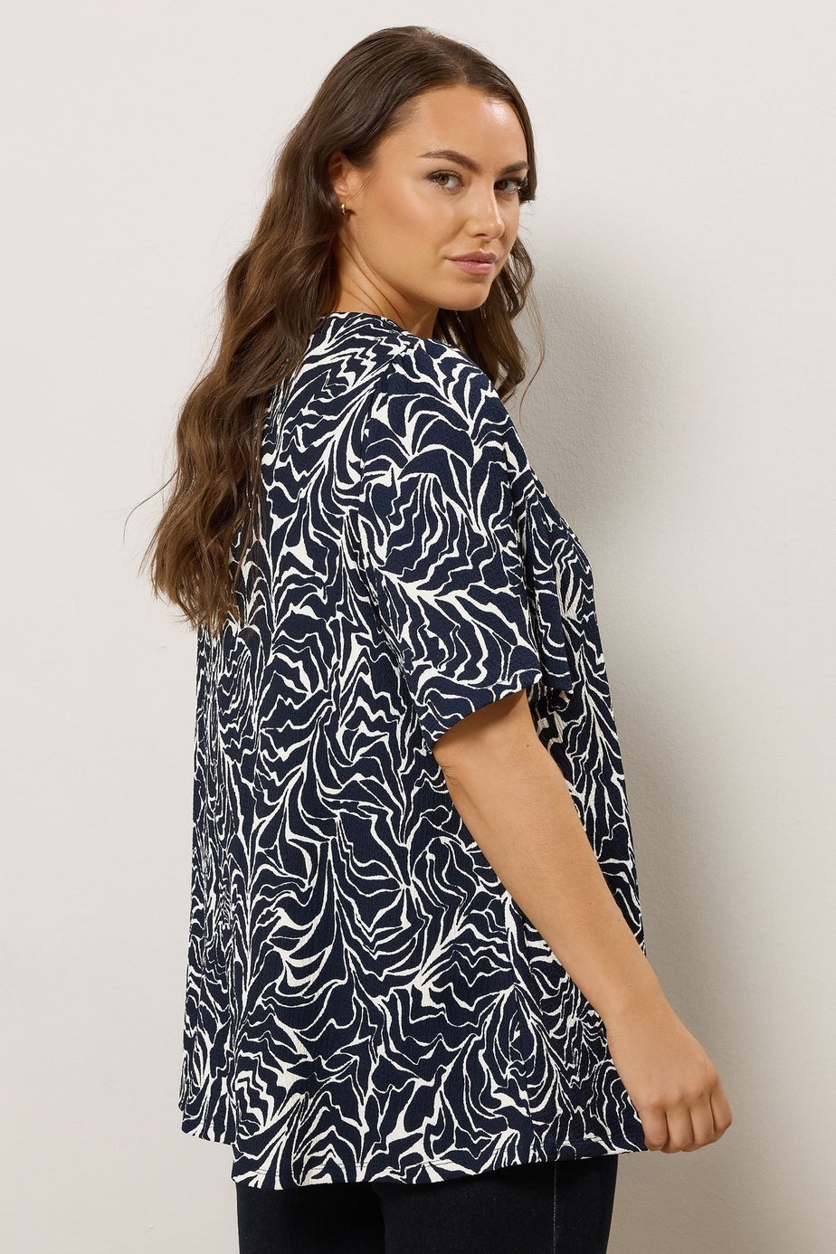 Evans Curve Navy Blue Abstract Floral Pleat Swing Top