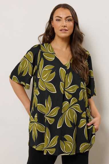 Evans Curve Black Leaf Print Pleat Swing Top