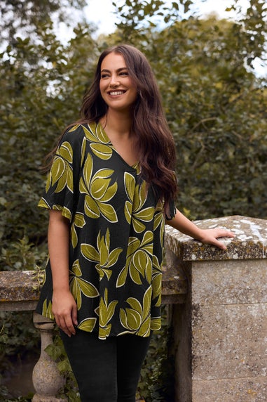 Evans Curve Black Leaf Print Pleat Swing Top