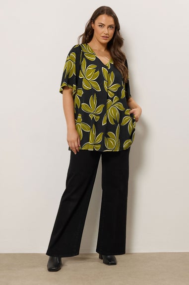 Evans Curve Black Leaf Print Pleat Swing Top