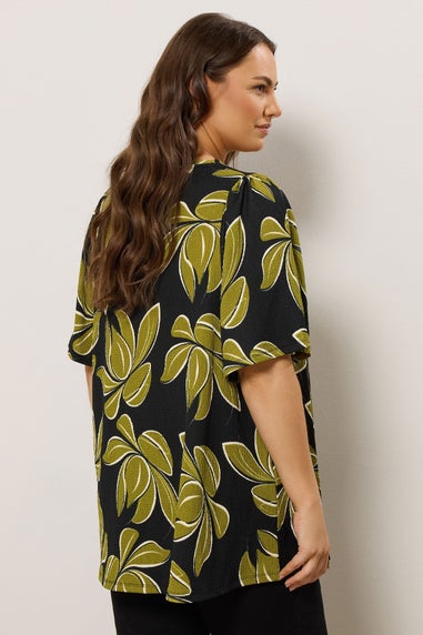 Evans Curve Black Leaf Print Pleat Swing Top