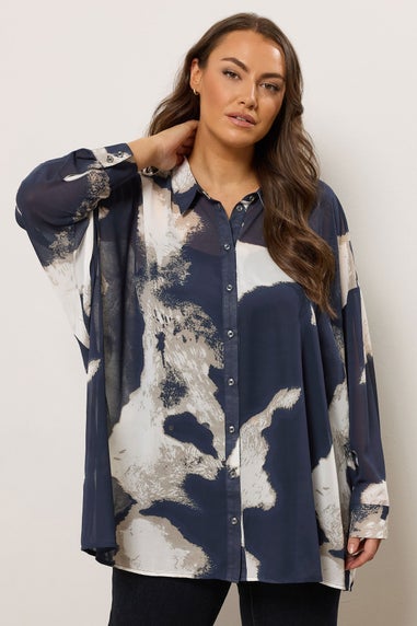 Evans Curve  Navy Smudge Print Double Layer Blouse