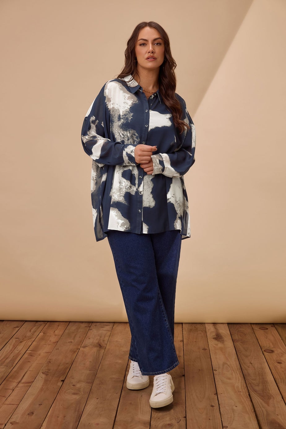 Evans Curve  Navy Smudge Print Double Layer Blouse