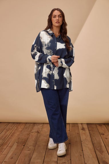 Evans Curve  Navy Smudge Print Double Layer Blouse