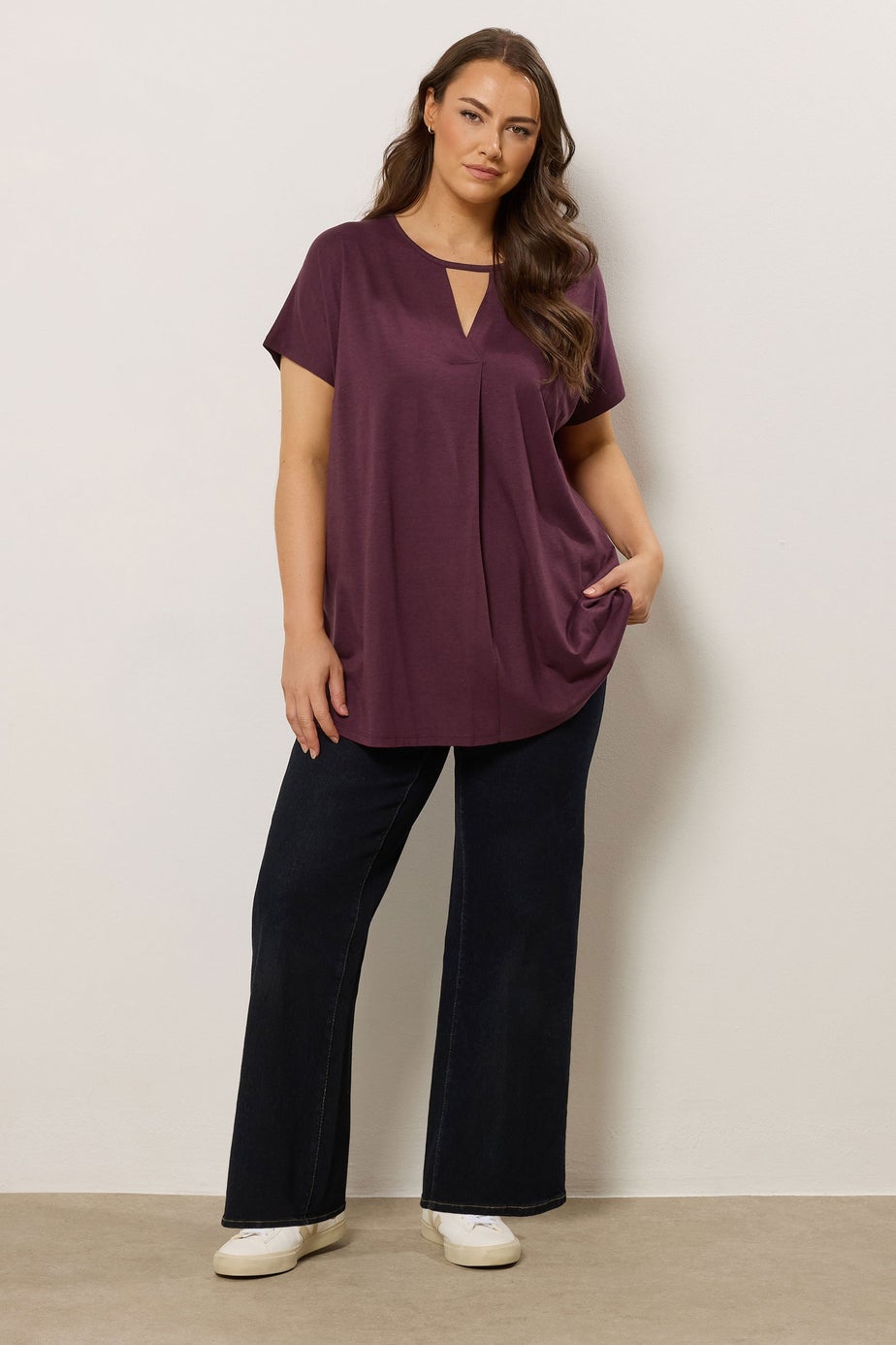 Evans Curve Berry Purple Keyhole Front Pleat Top