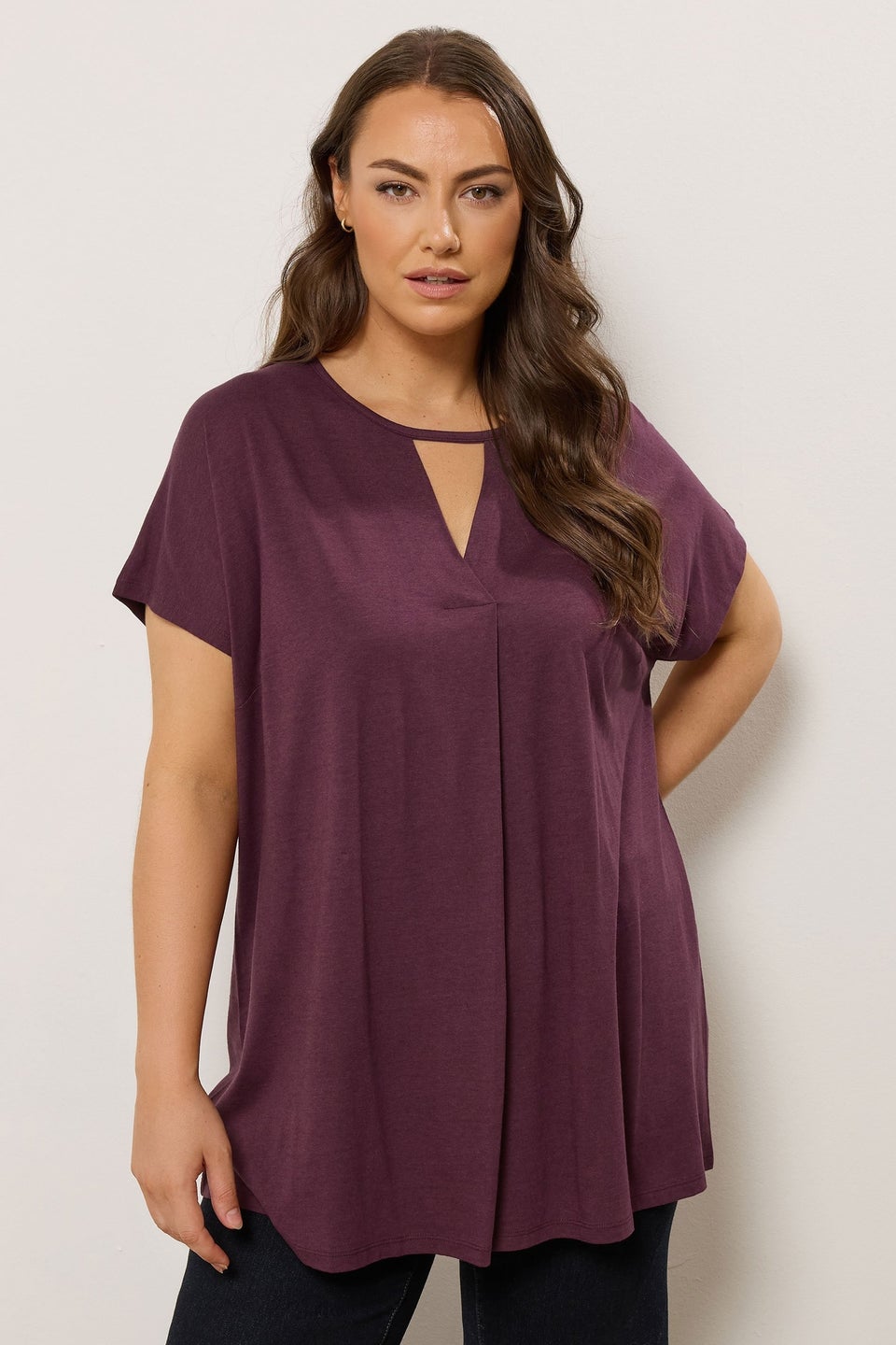 Evans Curve Berry Purple Keyhole Front Pleat Top