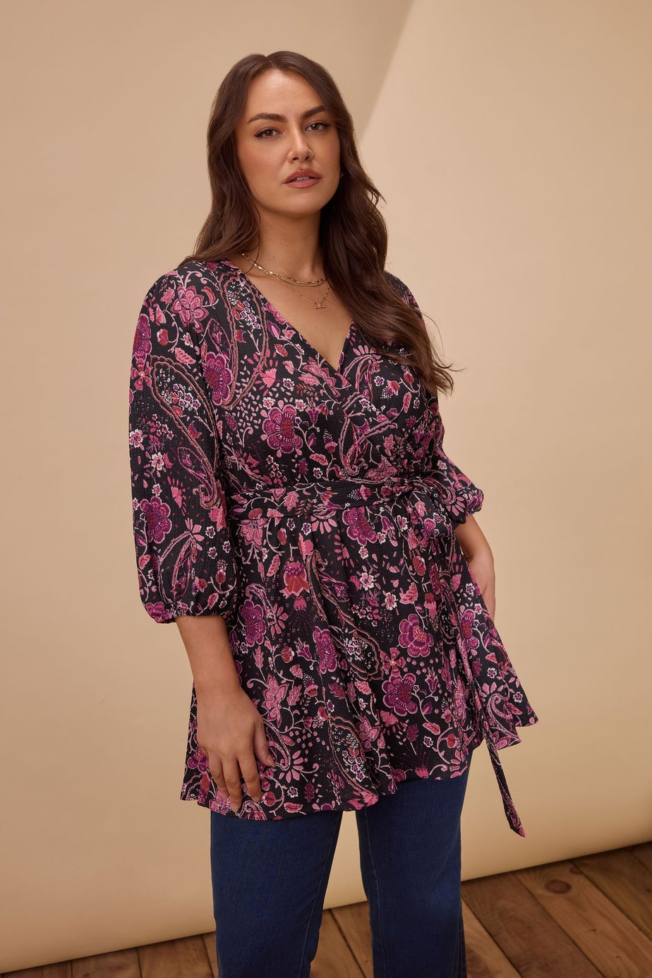 Evans Curve Pink Paisley Print Wrap Top