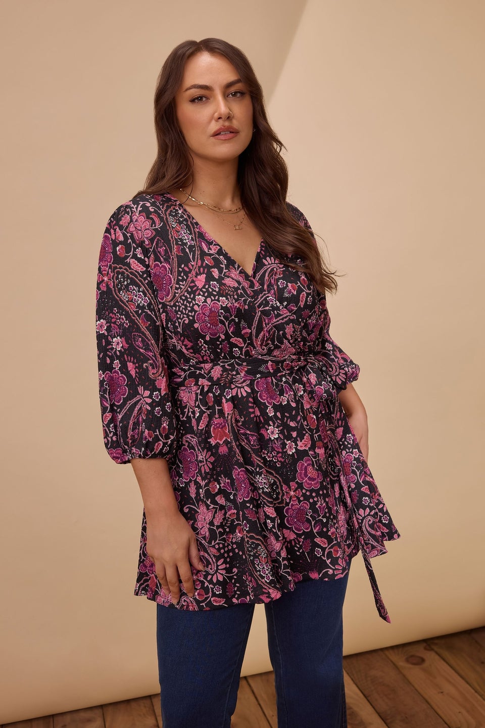 Evans Curve Pink Paisley Print Wrap Top