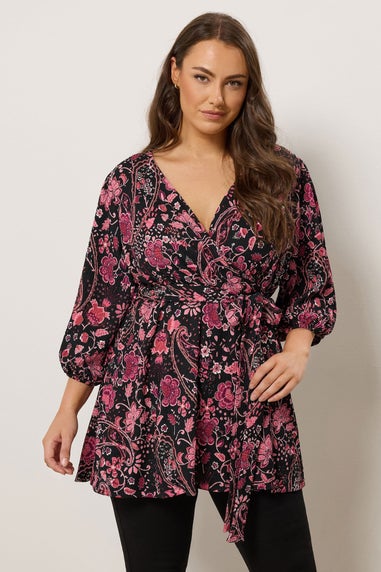 Evans Curve Pink Paisley Print Wrap Top