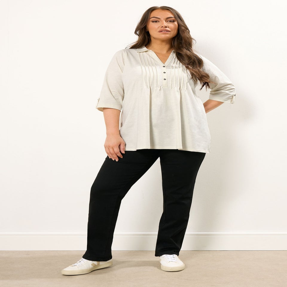Evans Curve Cream Pintuck Henley Top