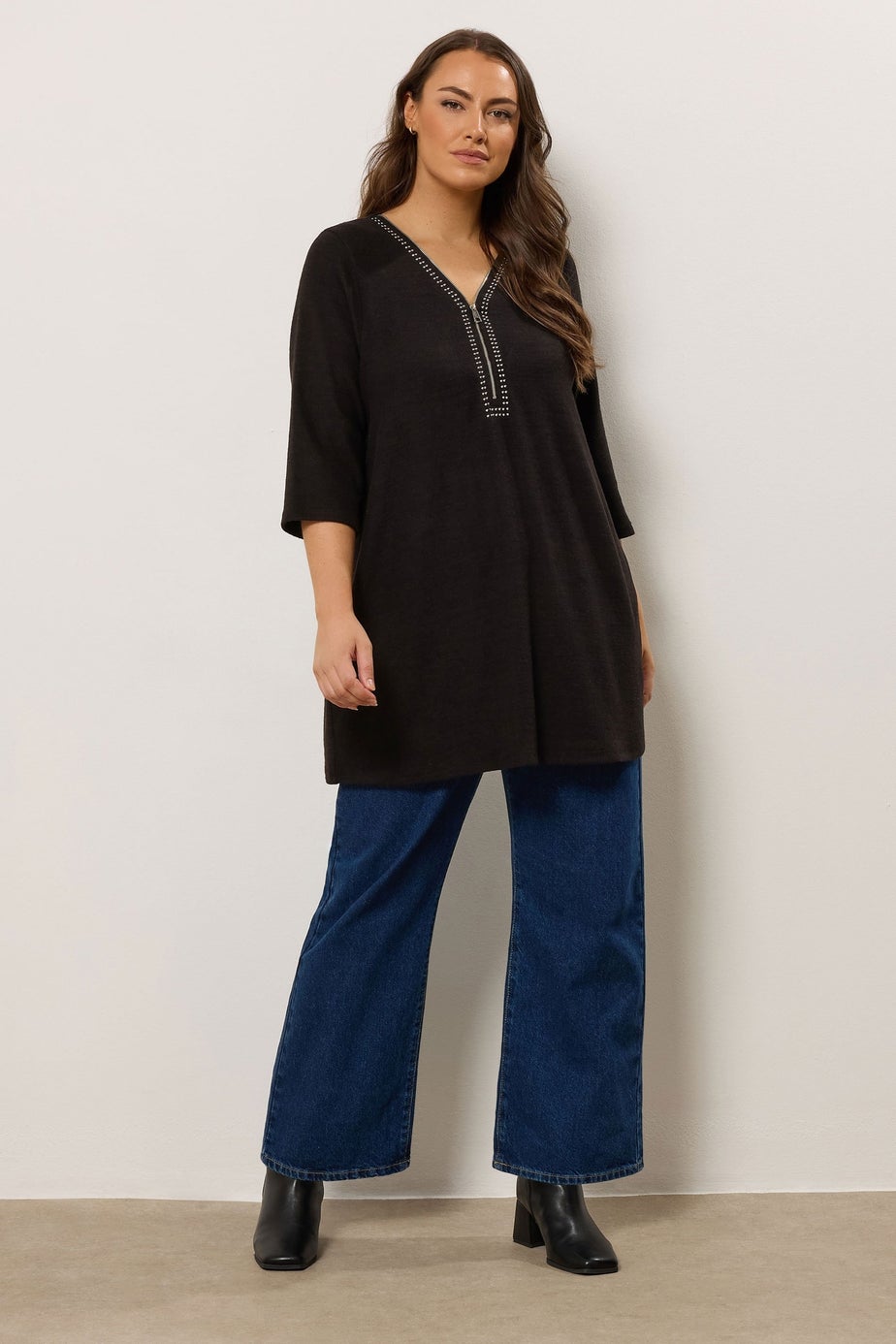 Evans Curve Black Zip Front Stud Detail Top