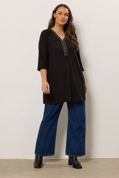 Evans Curve Black Zip Front Stud Detail Top