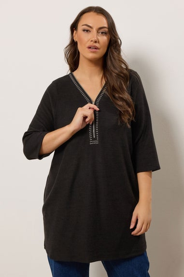 Evans Curve Black Zip Front Stud Detail Top