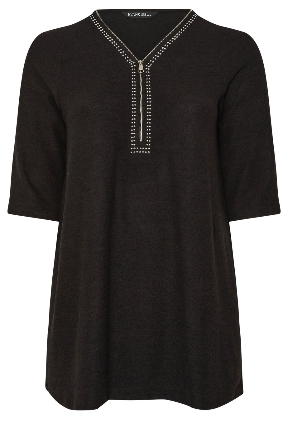 Evans Curve Black Zip Front Stud Detail Top