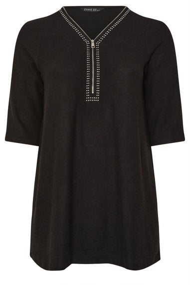 Evans Curve Black Zip Front Stud Detail Top