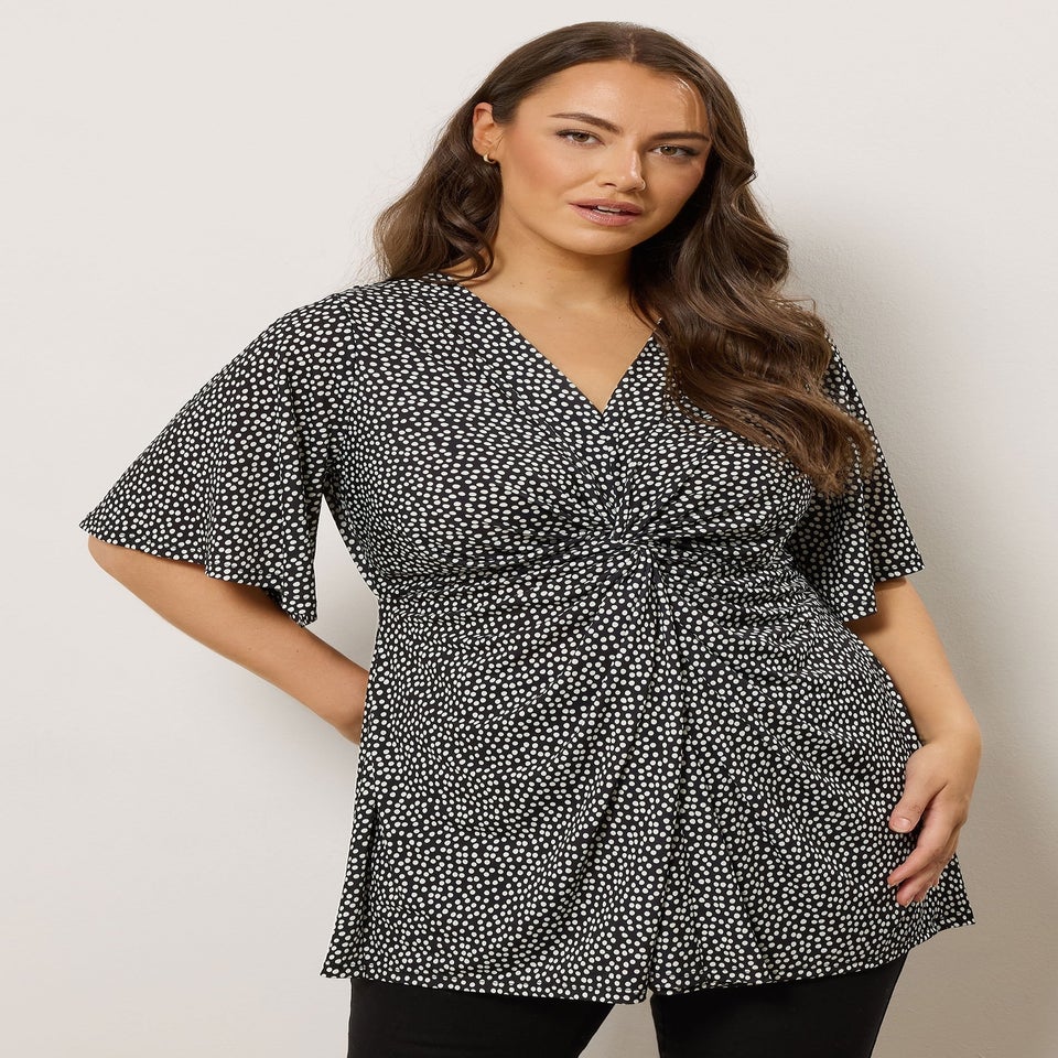 Evans Curve Black & White Polka Dot Twist Front Top