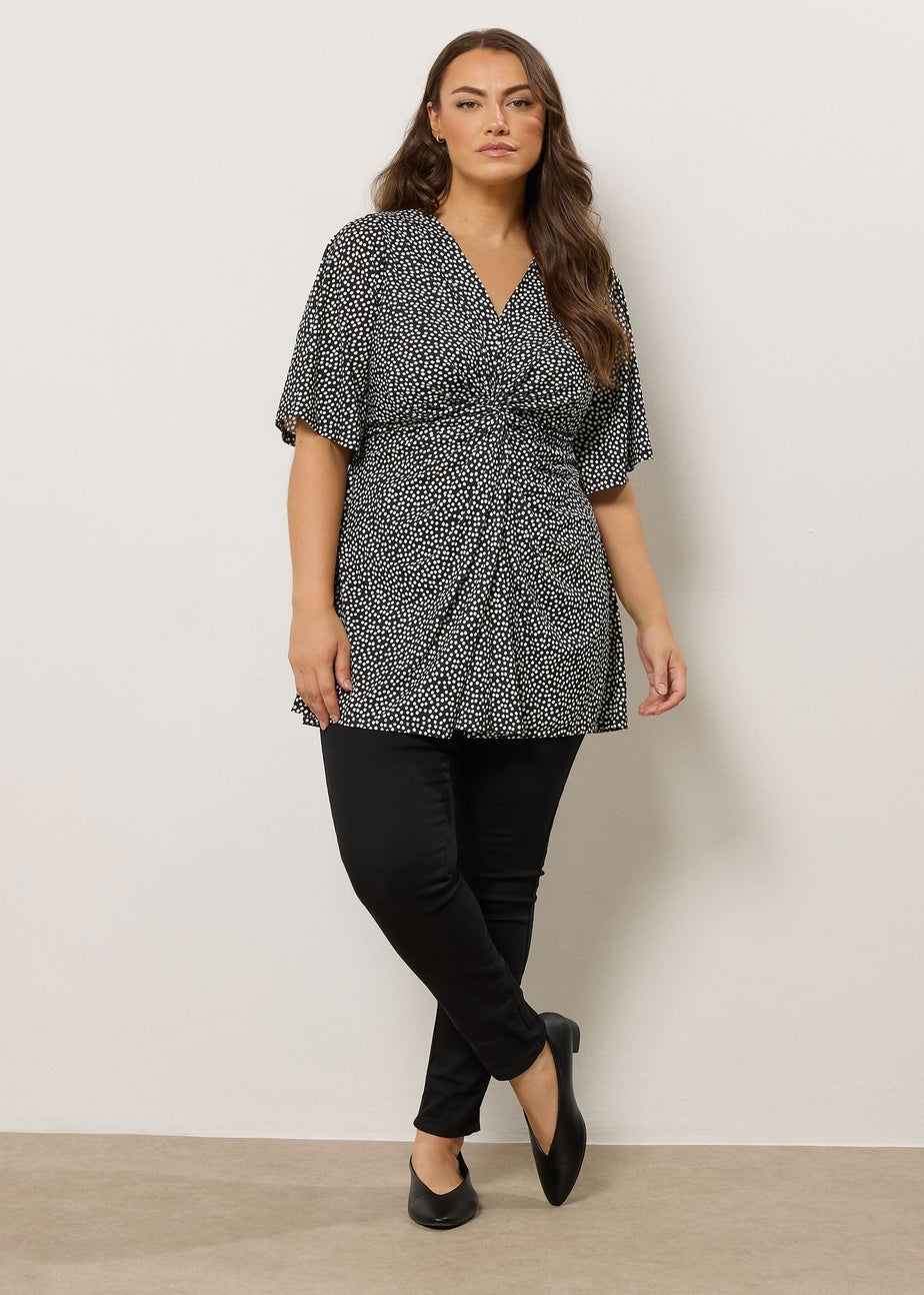 Evans Curve Black & White Polka Dot Twist Front Top