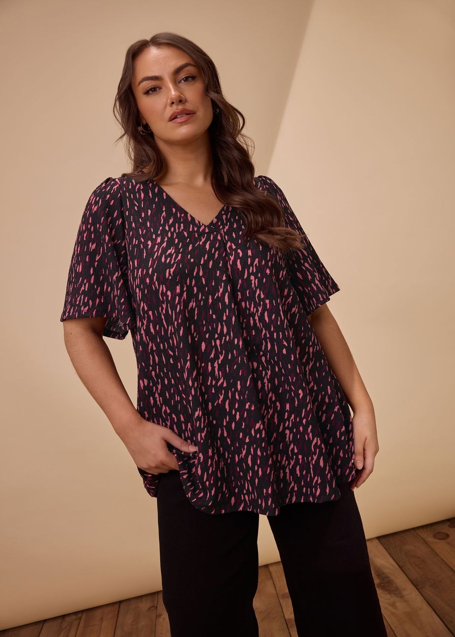 Evans Curve Black & Pink Abstract Print Pleat Swing Top