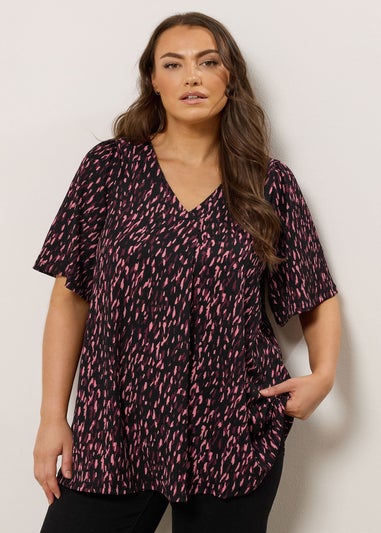 Evans Curve Black & Pink Abstract Print Pleat Swing Top