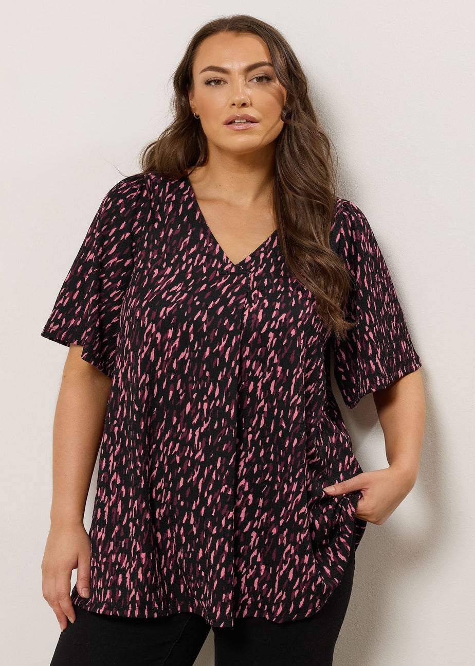 Evans Curve Black & Pink Abstract Print Pleat Swing Top
