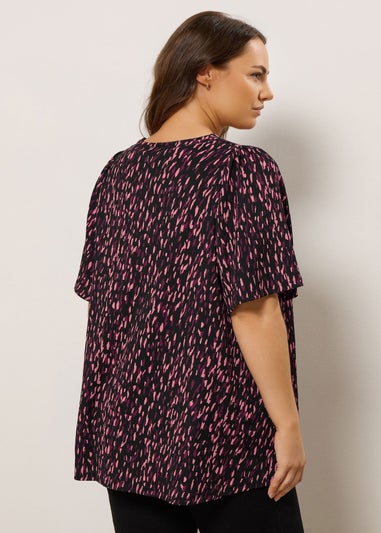 Evans Curve Black & Pink Abstract Print Pleat Swing Top