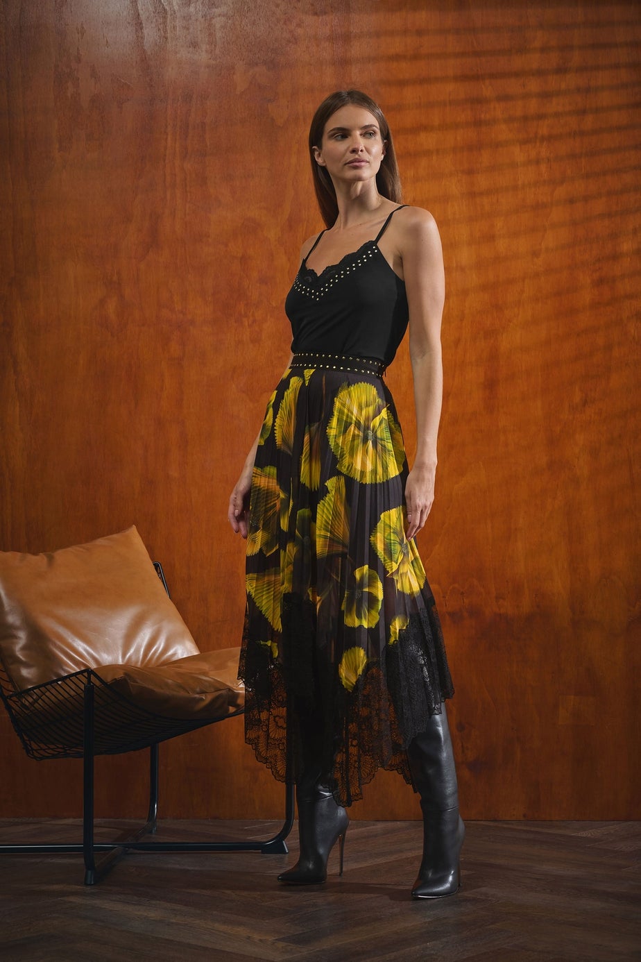 Star By Julien Macdonald Yellow Floral Pleated Mesh Skirt